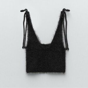 Zara Black Fuzzy Knit Crop Top with Tie Straps